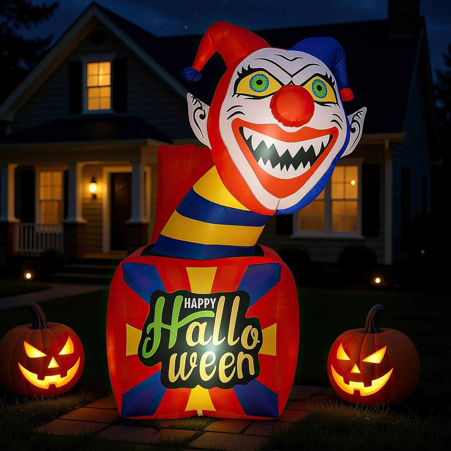 Tangkula 5 Ft Halloween Inflatable Clown, Blow up Circus Clown Box Decoration with LED Lights, Ground Stakes, Lighted Holiday Yard Decoration for Indoor, Outdoor Porch, Lawn, Garden