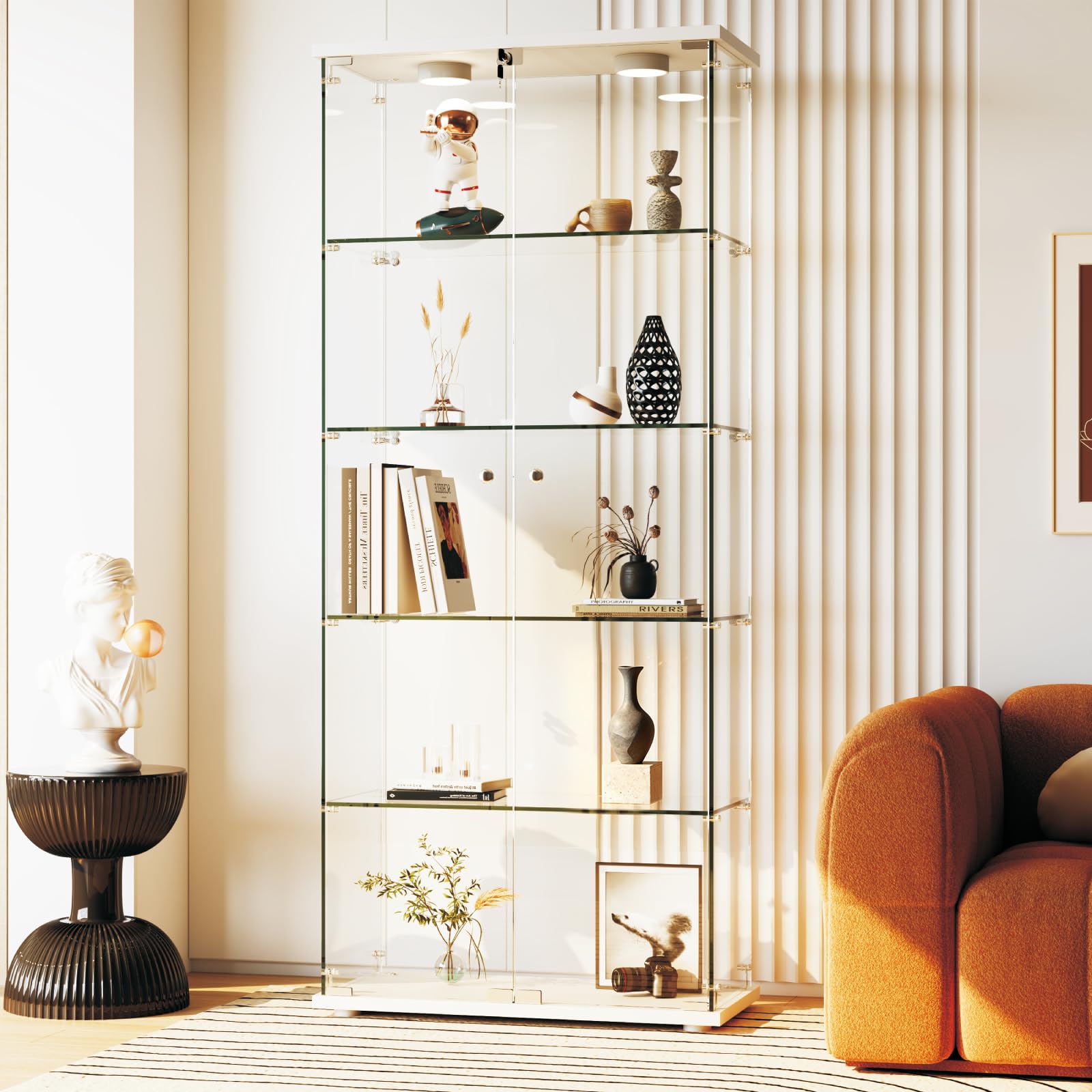 IDEALHOUSE Tempered Glass Display Cabinet with LED Light, 5 Shelves Lockable Curio Showcase, Double Doors Storage Cabinet for Living Room Bedroom