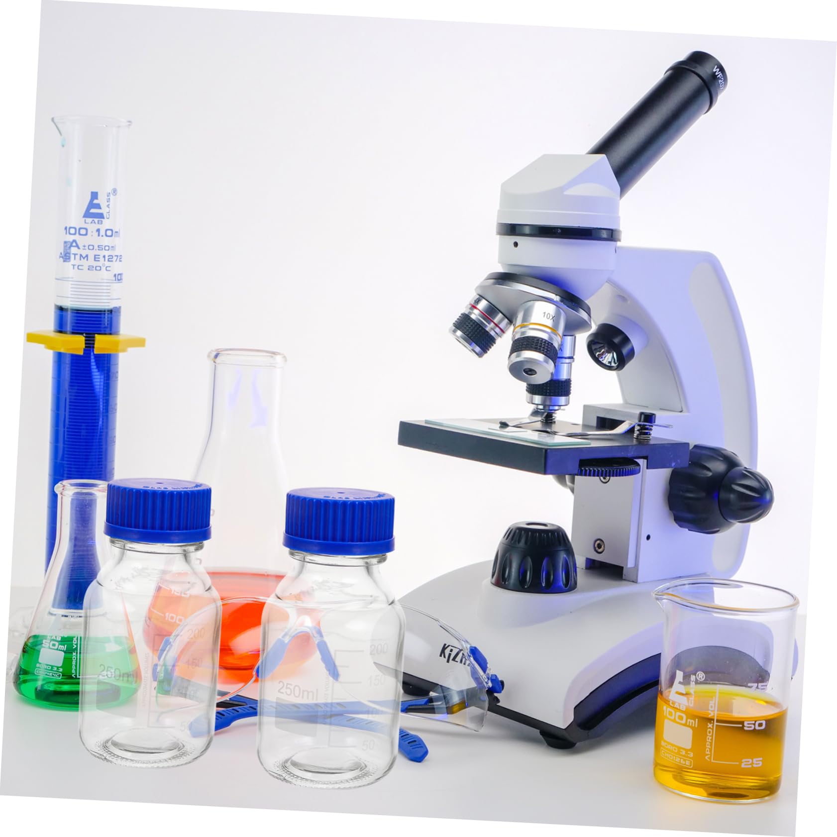 Cabilock Reagente Resistenti Agli Urti e Leggere in Vetro Trasparente da 250ml Set da 4 Bottiglie con Tappo a Vite Blu per Laboratori e Applicazioni Didattiche