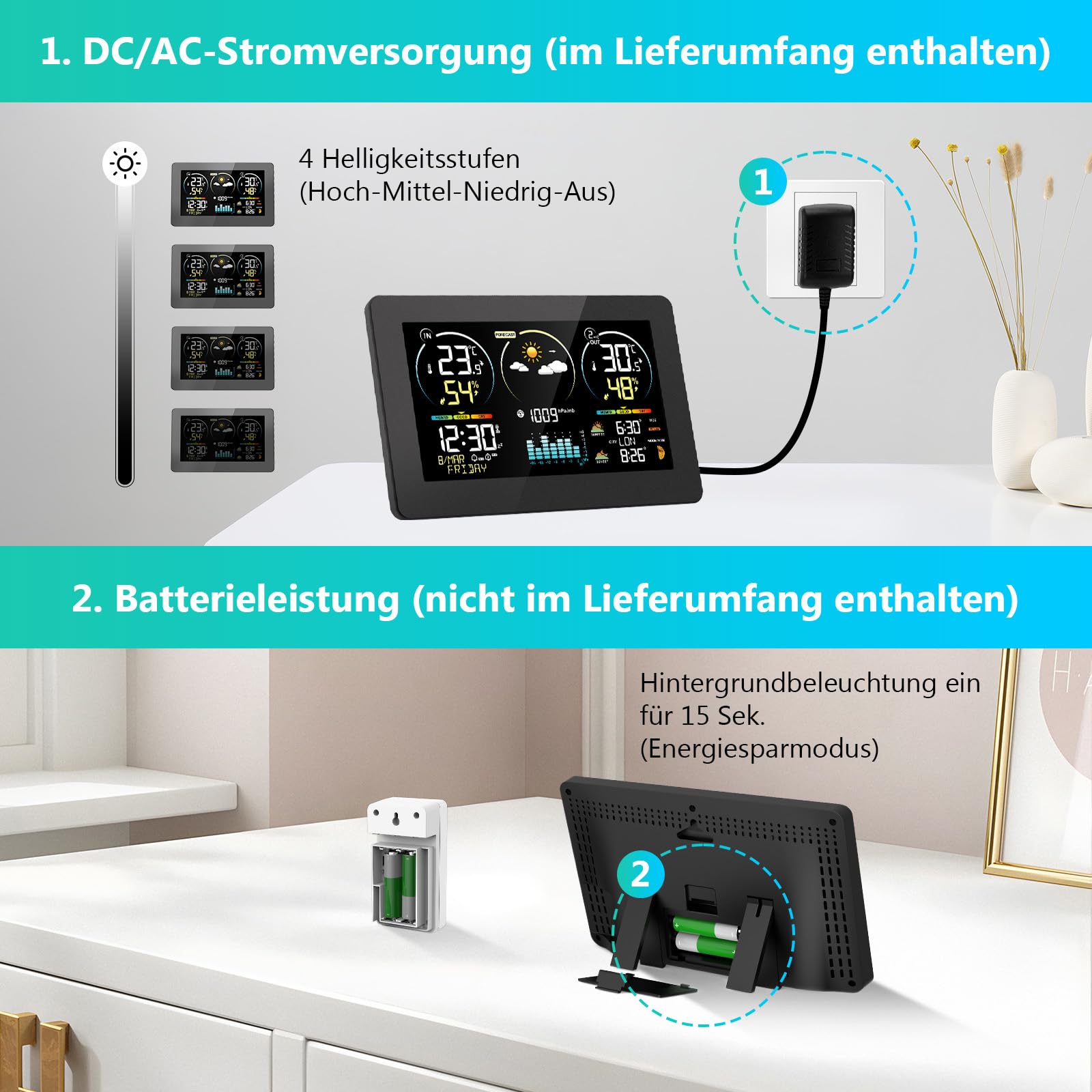 Wetterstation Funk mit Außensensor, 7,8 Zoll Großes Farbdisplay mit Beleuchtung & DCF Funkuhr, Wettervorhersage, Innen- & Außentemperatur, Luftfeuchtigkeit, Luftdruck, Mondphase (Schwarz1)