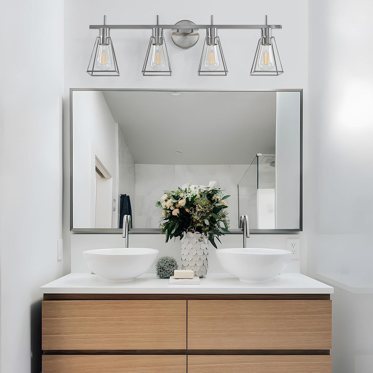 Industrial Bathroom Vanity Lights: 4-Light Silver Brushed Nickel Vintage Metal Cage Wall Sconce - Rustic Farmhouse Light Fixture Over Mirrors Cabinet for Bath Hallway