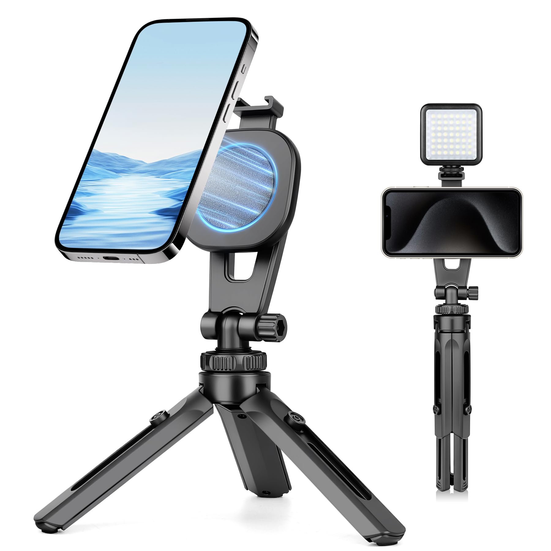 Magnetic Phone Tripod Stand with Cold Shoe Mini Tripod for iPhone Magsafe Compact Desk Travel Cell Phone Stand