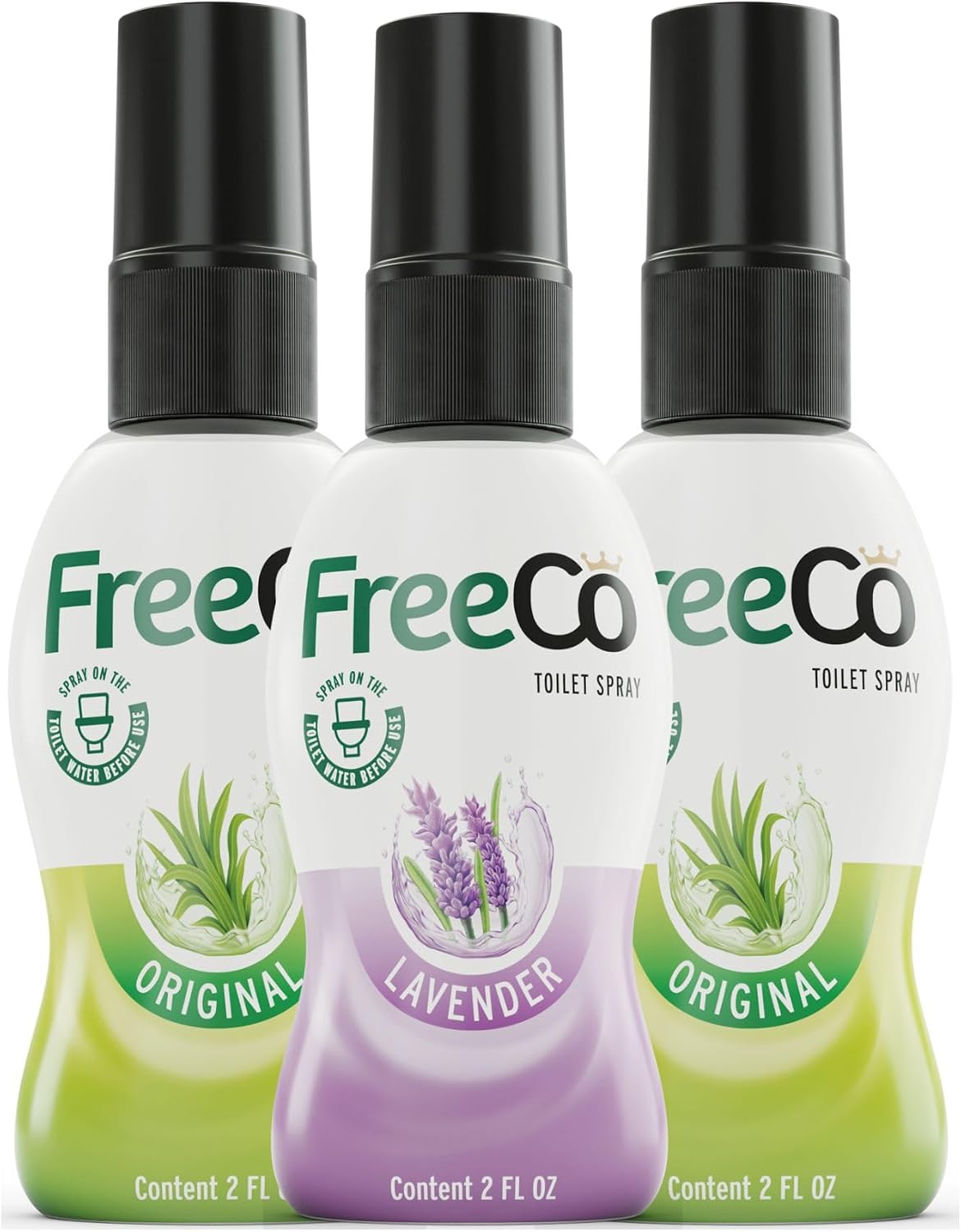Freeco Before-you-go Toilet Spray | Stops odor Before it Begins with Essential Oils | Ideal for Home, Office, Public Spaces & Travel | Variety 3-Pack 3x2 fl oz: 2 Citrus Scent & 1 Lavender Scent