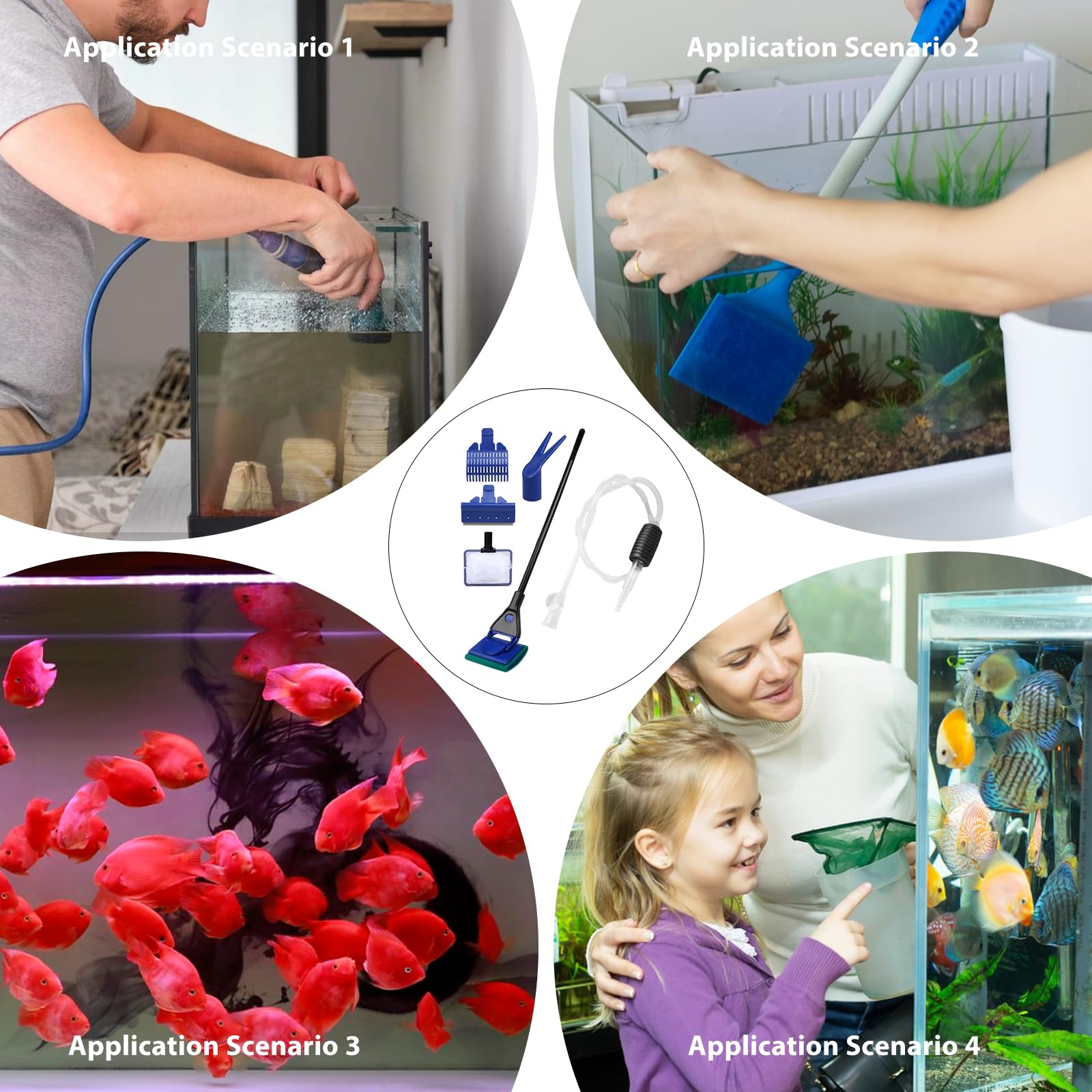 Set di pulizia 5 in 1 per acquario, edizione professionale con sifone a mano, set completo per cambio acqua, con raschietto per alghe, rastrello per ghiaia, rete per pesci e accessori | accessori per