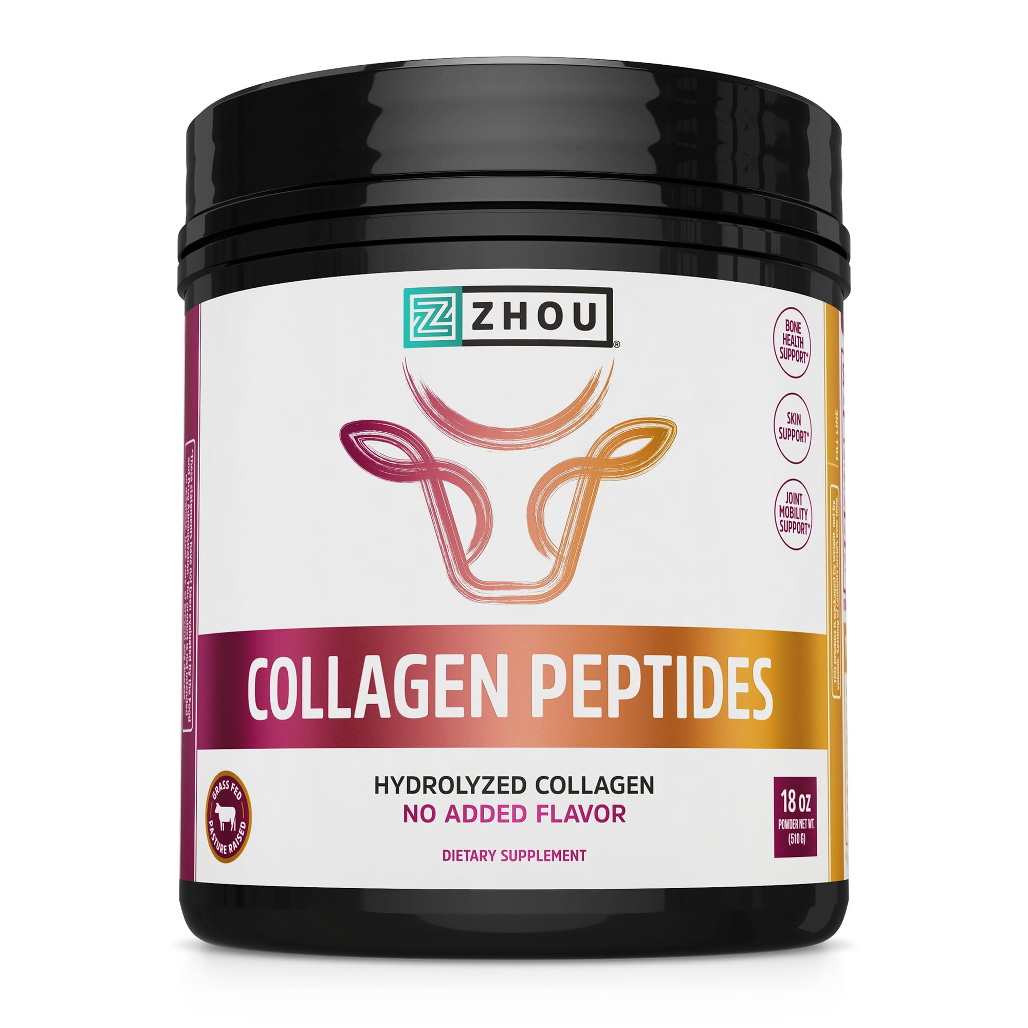 Zhou Collagen Peptides - Pure Hydrolized Collagen Powder for Women & Men, Grass Fed Natural Bovine Collagen for Skin, Hair Growth, Joints & Bones - 18 oz Jar (46 Servings)
