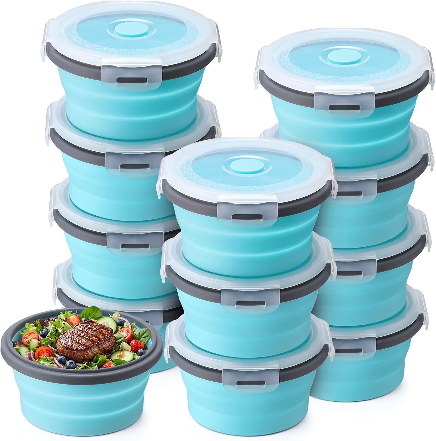 Domensi 12 Pcs Collapsible Bowls with Lids Silicone Camping Food Storage Container Foldable Expandable Folding Salad Lunch Box Leakproof Travel Container for Hiking Camping, Blue