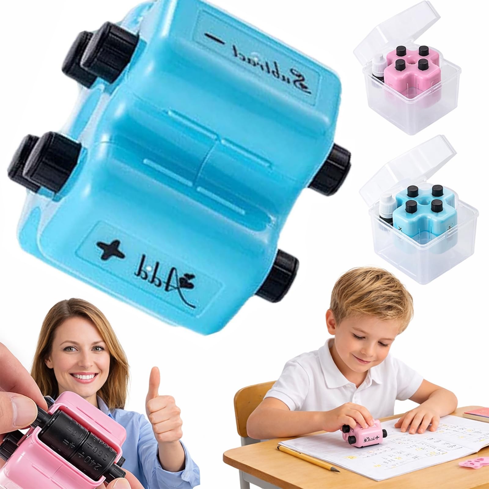 4-in-1 Math Roller Stamp Set Addition Subtraction Multiplication Division Practice Tool, Roller Digital Teaching Stamp, Reusable Math Roller Stamp with Refillable Ink (Blue)