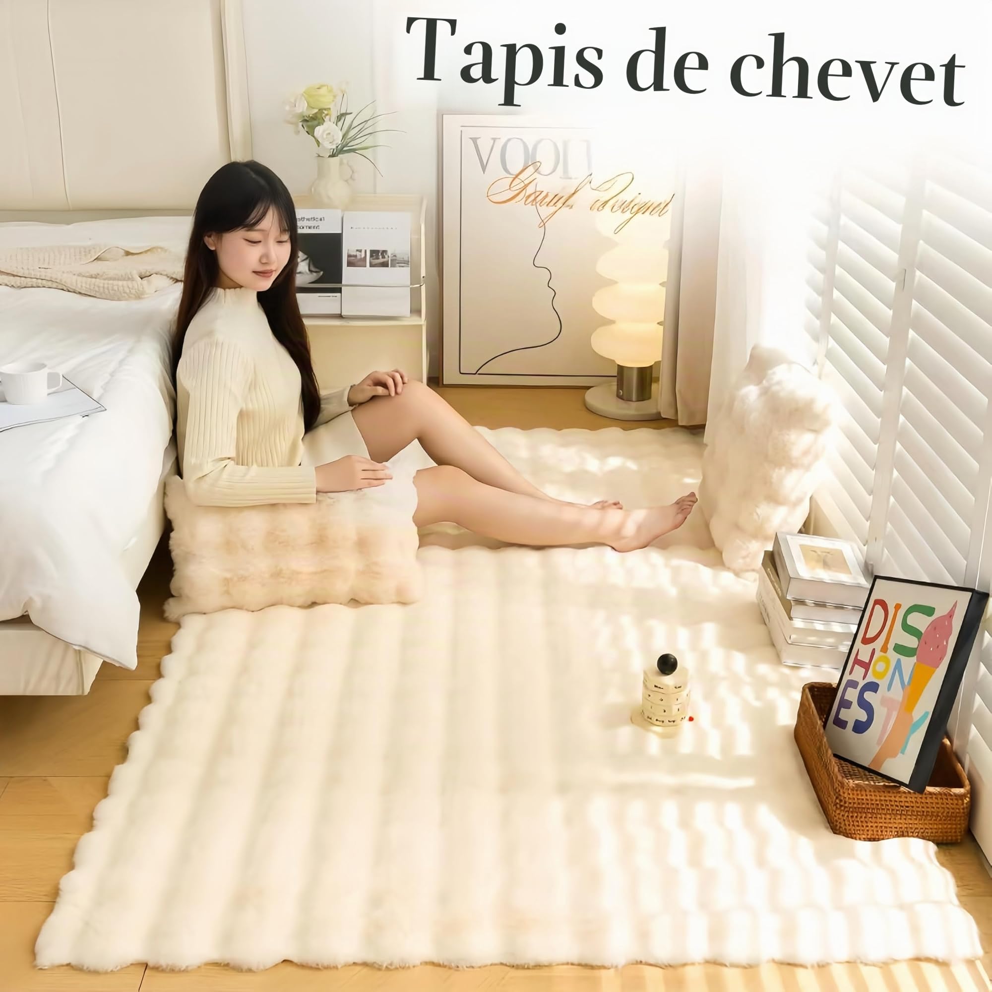 Coussin de tapis en peluche lapin, avec un style doux velours bulle, adapté pour les salons, les chambres, les lits, les baies vitrées et les canapés. (Blanc ivoire, 60/120)