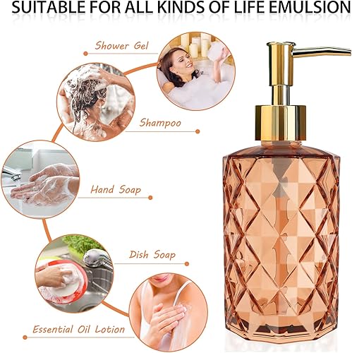 Miniatura 3 de Dispensador de jabón de vidrio naranja transparente con bomba dorada, dispensador de jabón de 12 onzas para cocina, jabones de manos, lociones,