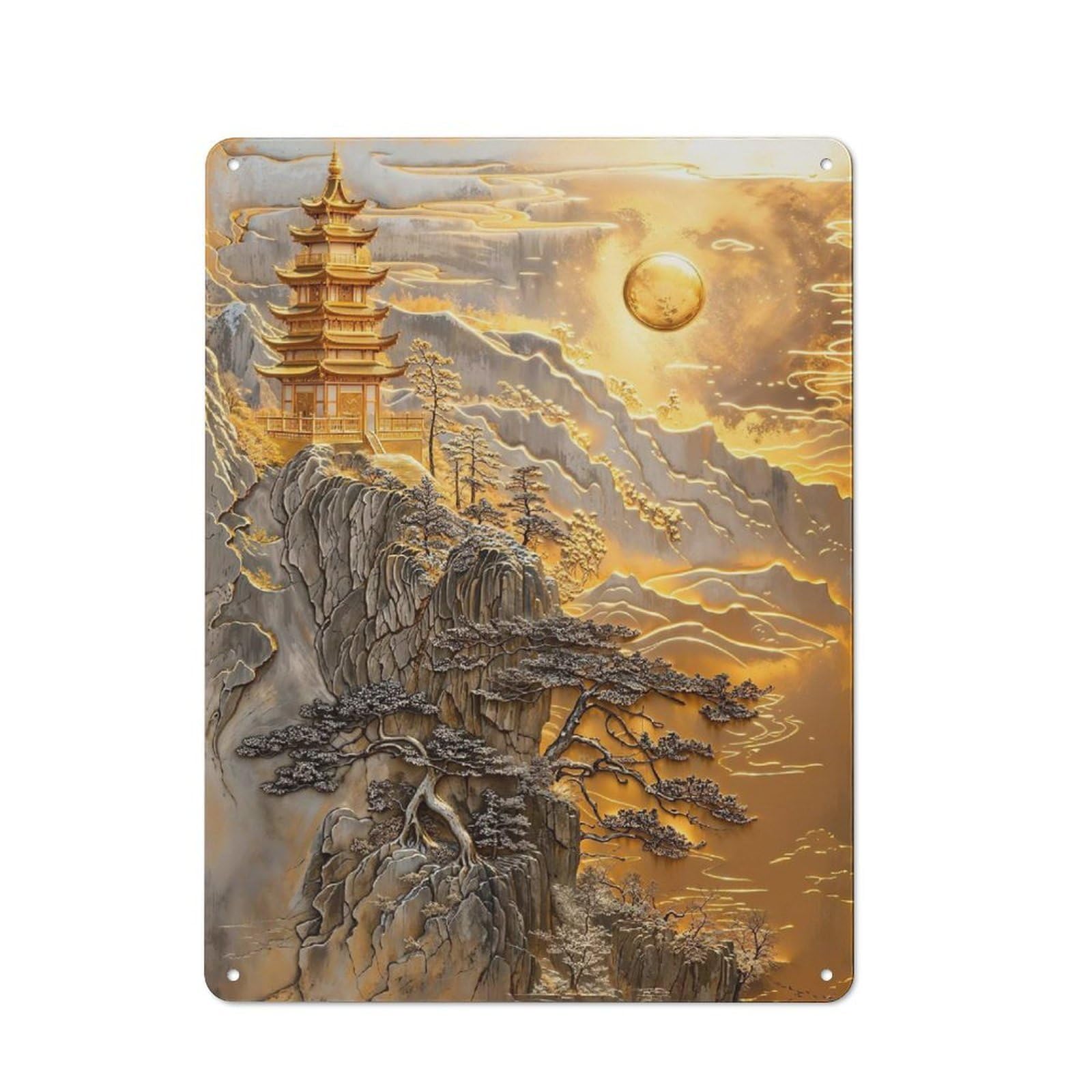 Industrial Tin Wall Sign 40x30cm Featuring Mountain Temple Majesty, Urban Room Decor for Workspace, Cafe, Hallway Or Garage