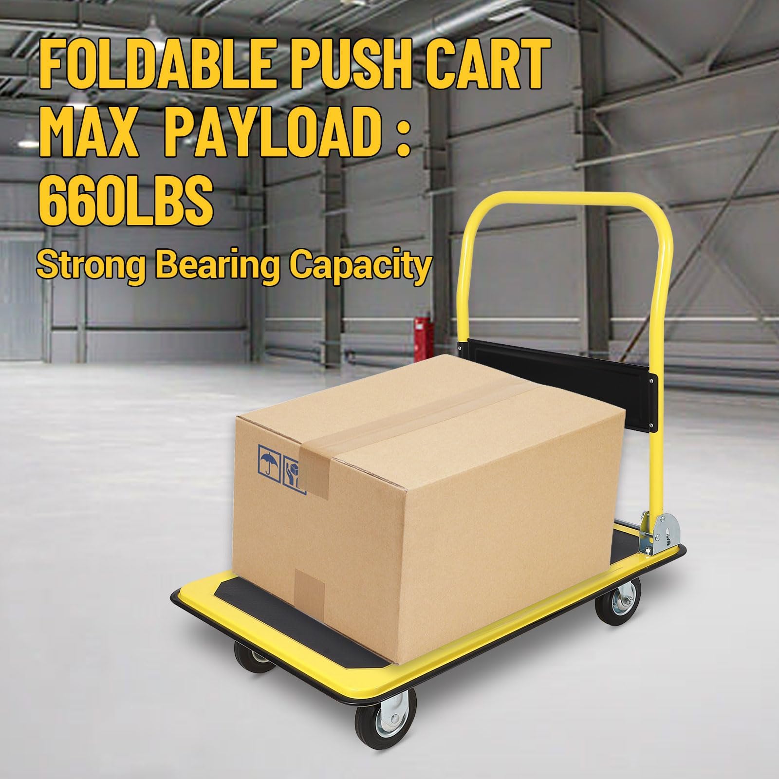Garvee Camión de plataforma, capacidad de 270 kg, carro de mano de plataforma resistente con ruedas de freno TPR de 15 cm, carrito plegable multiusos para carga y almacenamiento, garaje, almacén