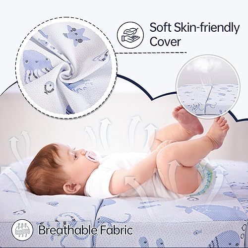 Miniatura 4 de Colchón triple pack and Play, 38 x 26 pulgadas, transpirable, de doble cara, suave y firme, de espuma viscoelástica, cubrecolchón para Pack N Play,