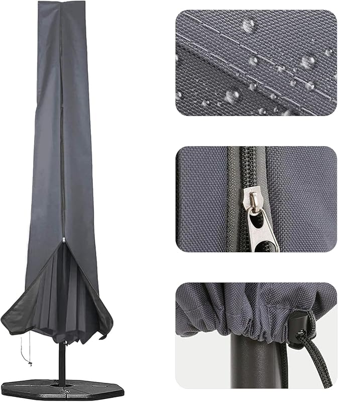 RICHIE Garden Parasol Cover for Garden Umbrella Covers Fit 2.5 to 4m Diameter Parasols 190x25x50cm Waterproof 600D Oxford PVC Coating with Heavy-duty Zip and Adjustable Drawstring Cord at Bottom, Grey