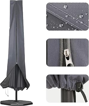 RICHIE Garden Parasol Cover for Garden Umbrella Covers Fit 2.5 to 4m Diameter Parasols 190x25x50cm Waterproof 600D Oxford PVC Coating with Heavy-duty Zip and Adjustable Drawstring Cord at Bottom, Grey