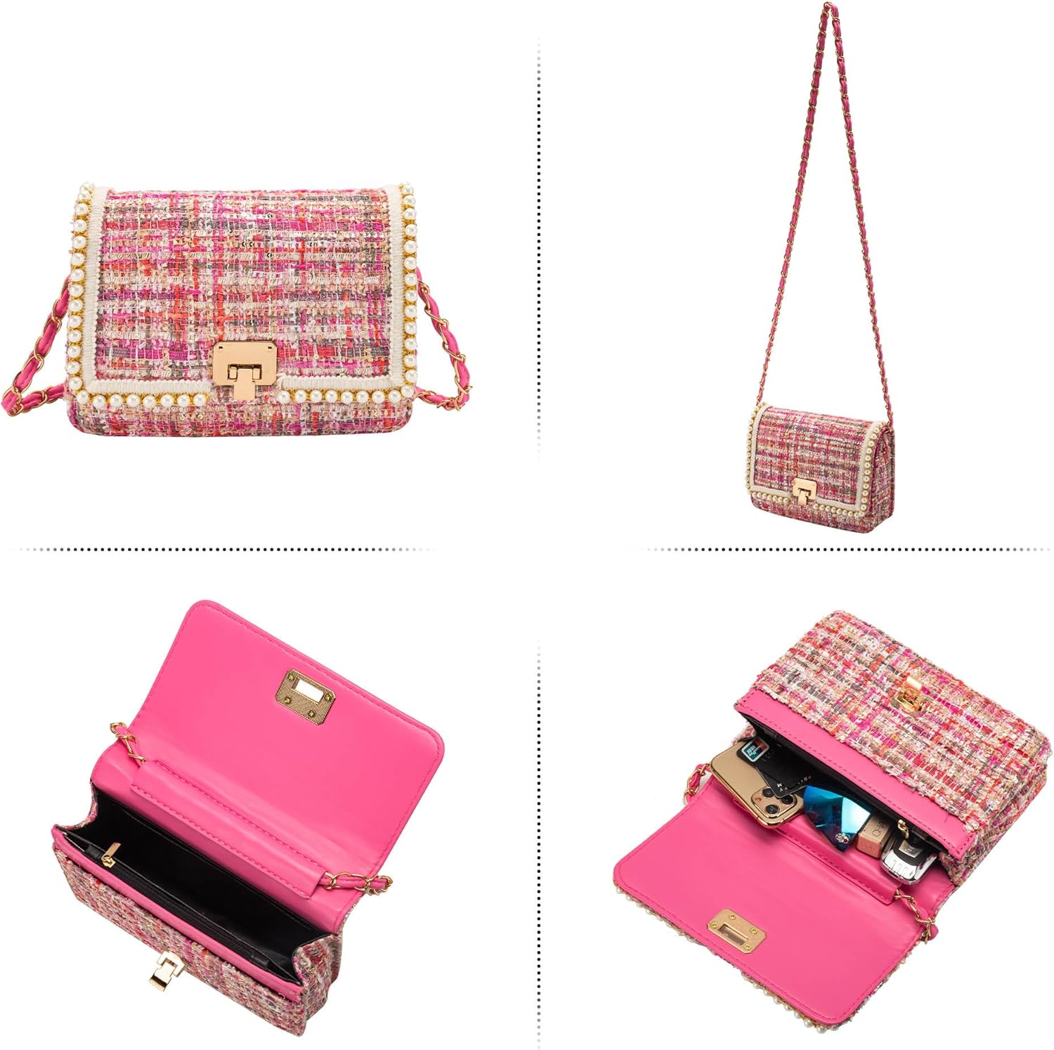 Shoulder Bag Chain Purse for Women, Fashion Clutch Crossbody Bag Retro Tweed Pearl Underarm Bag Square Satchel Handbag