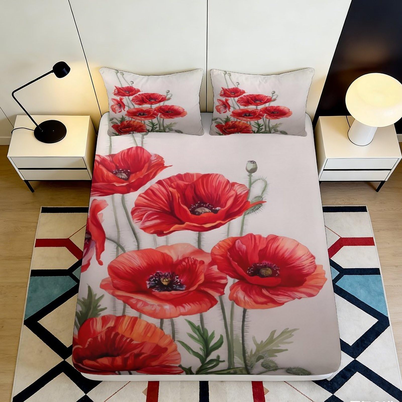 3D Printed Red Poppy Fitted Sheet Microfiber Floral Bed Cover Anti-Slip Machine Washable Bedroom Decor Mattress Protection 90x200x25cm