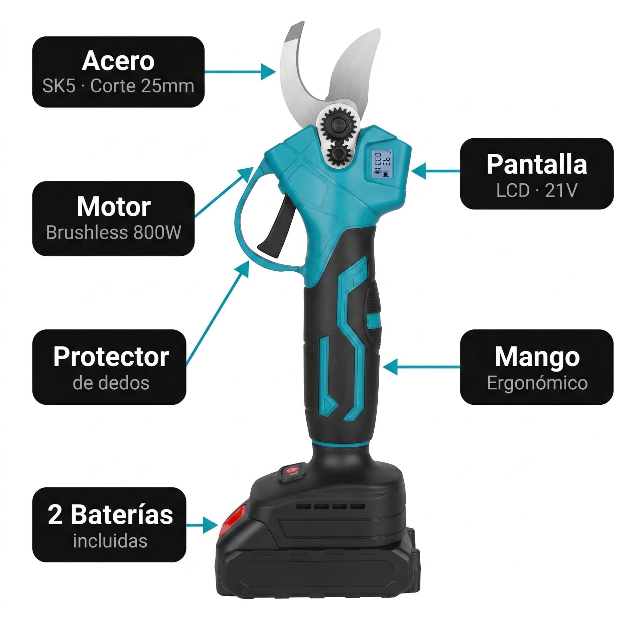 Tijeras de Podar Eléctricas 21V Inalámbricas Brushless Batería Recargable | Corta ramas gruesas sin esfuerzo: 21V Motor Brushless + 2 Baterías recargables incluidas