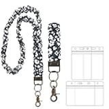 Marspark 2 Set Scrunchie Lanyards with 4 Card Holders for ID Badges and Keys Cute Stretchy Scrunchie Neck and Wrist Lanyards for Teacher Women Nurses School Office Supplies(Black, White Floral)