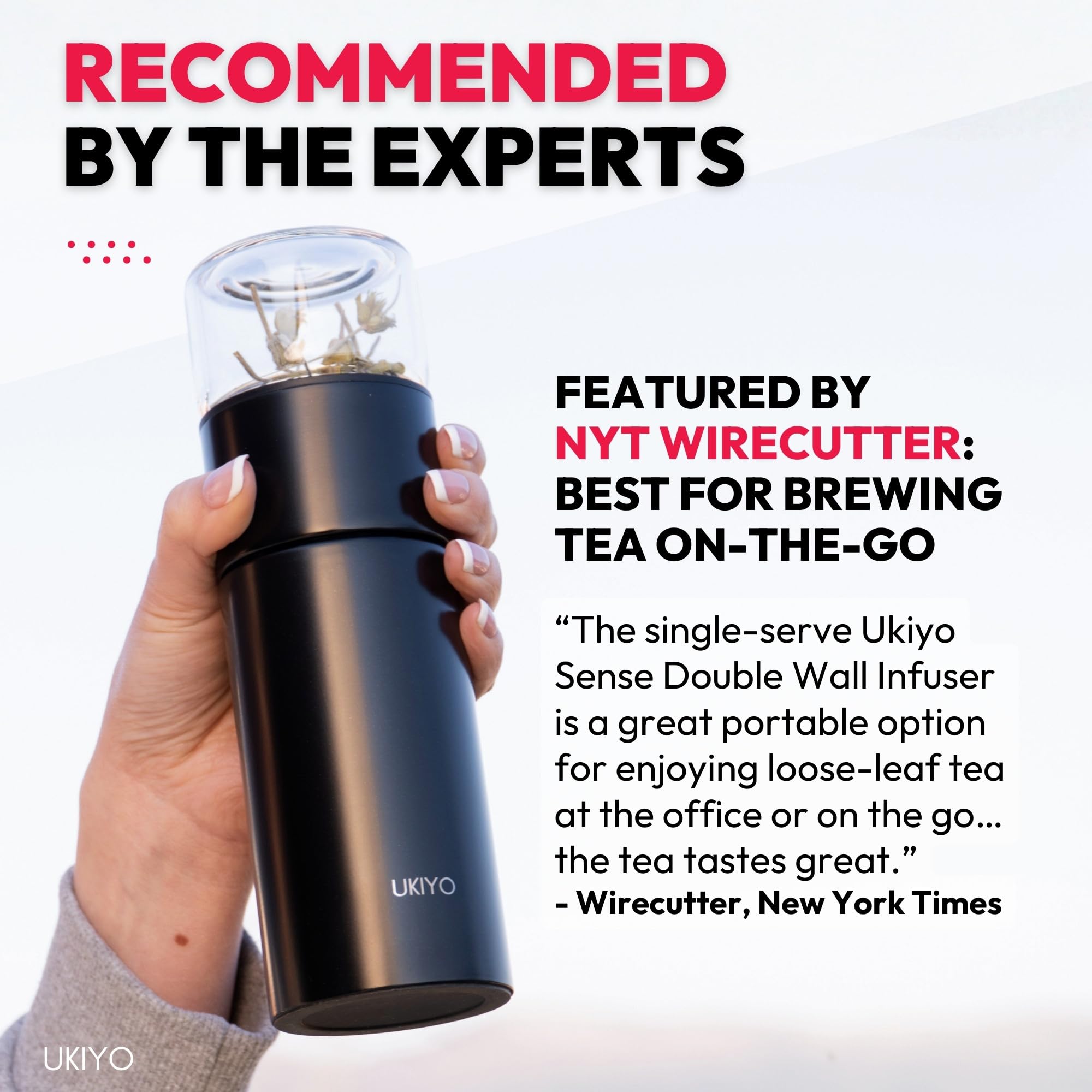Ukiyo - Botella de acero inoxidable y vidrio con infusor de té y frutas, vaso de viaje con filtro de acero inoxidable