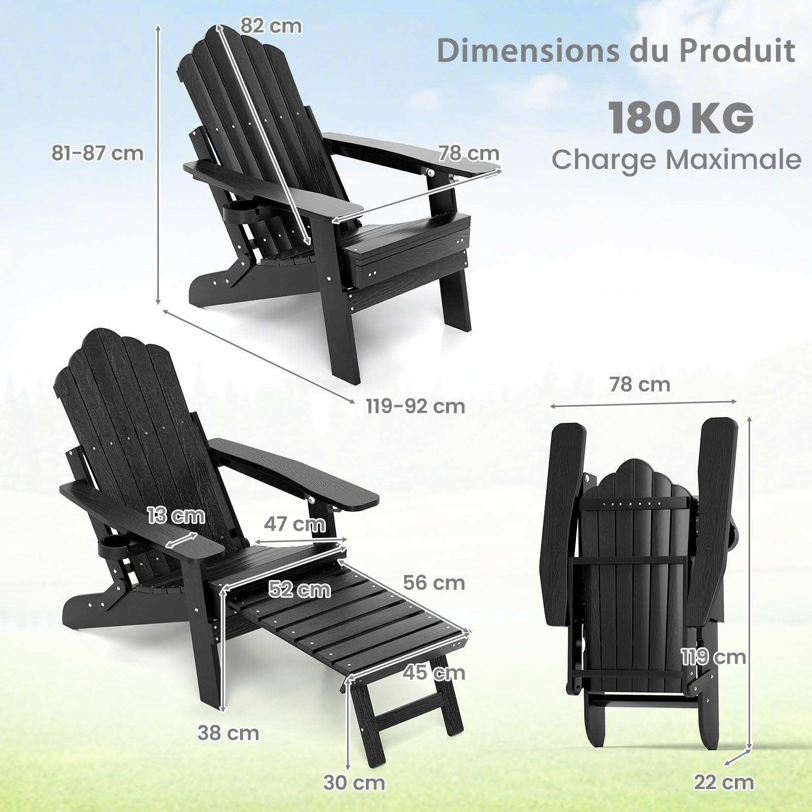 GOPLUS Fauteuil Adirondack Réglable, Chaise Adirondack Pliable à 4 Positions avec Repose-Pieds Rétractable, Chaise de Jardin en HIPS avec Porte-Gobelet, pour Patio, Terrasse, Cour
