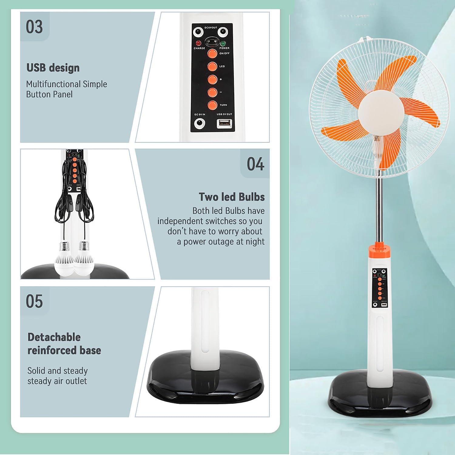 Pedestal Fans, Solar Fan,Camping Fan with solar panel, height adjustable, with LED Lantern, Indoor/outdoor use; Portable Standing Fan/Oscillating Floor Fans, 16"