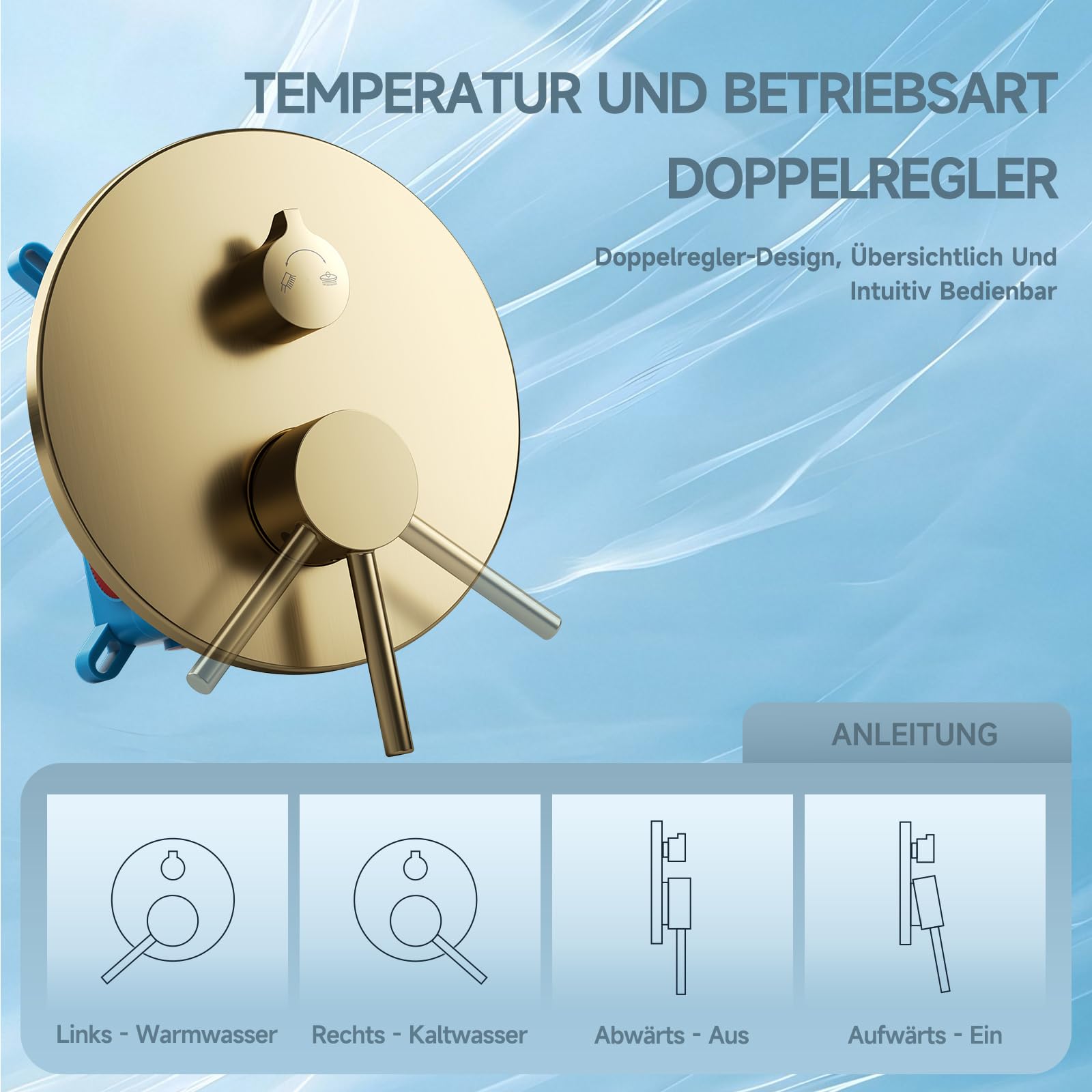 Duschsystem, Unterputz-Regendusche Gold gebürstet, Armaturen-Set