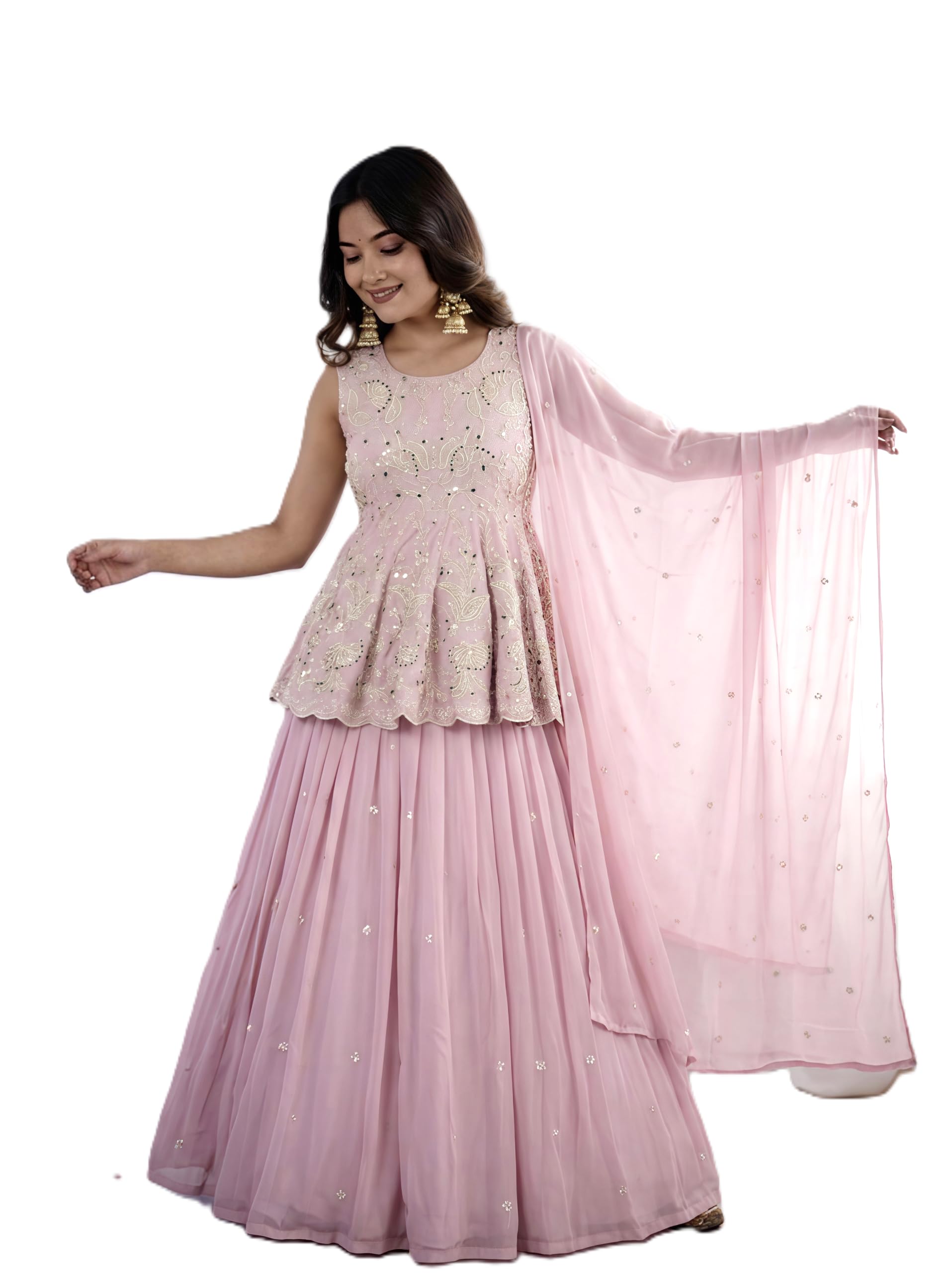 Pink Georgette Peplum Top with Sharara and Dupatta Set-picture-11
