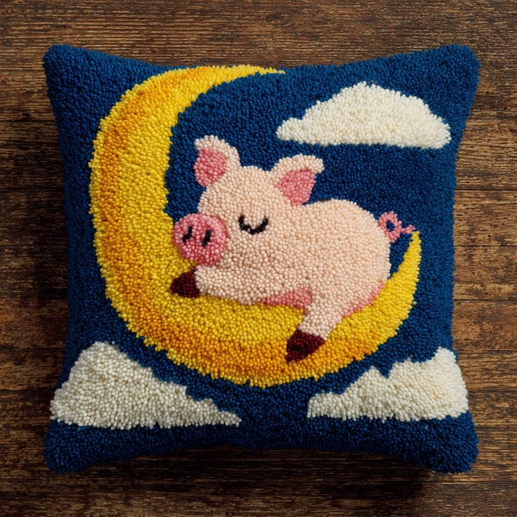 Henypt Latch Hook Kit 17x17 Inch,Pigs on the Moon DIY Cushion Cover Kit for Adults Beginners with Printed Canvas & Complete Tools,43x43cm