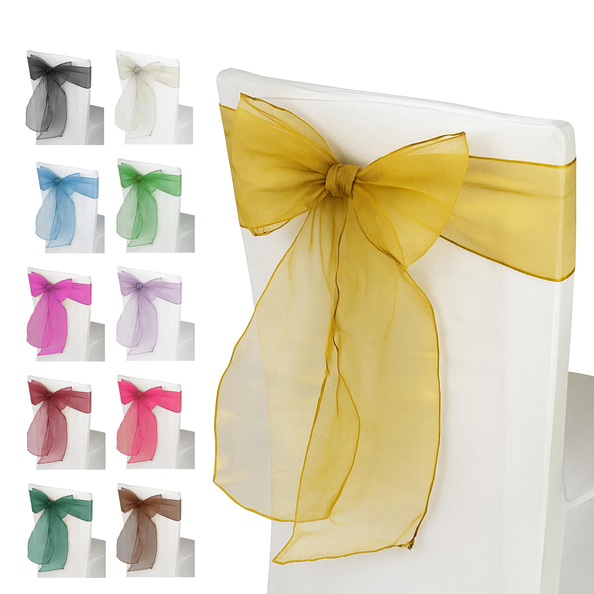 Trimming Shop Organza Chair Sashes - Bright Gold - Sheer Sash Ties, 17x280cm Reusable Organza Fabric Seat Bows for Wedding Chairs, Proms, Dining Table Styling & Event Decorations, 75pcs — image 1