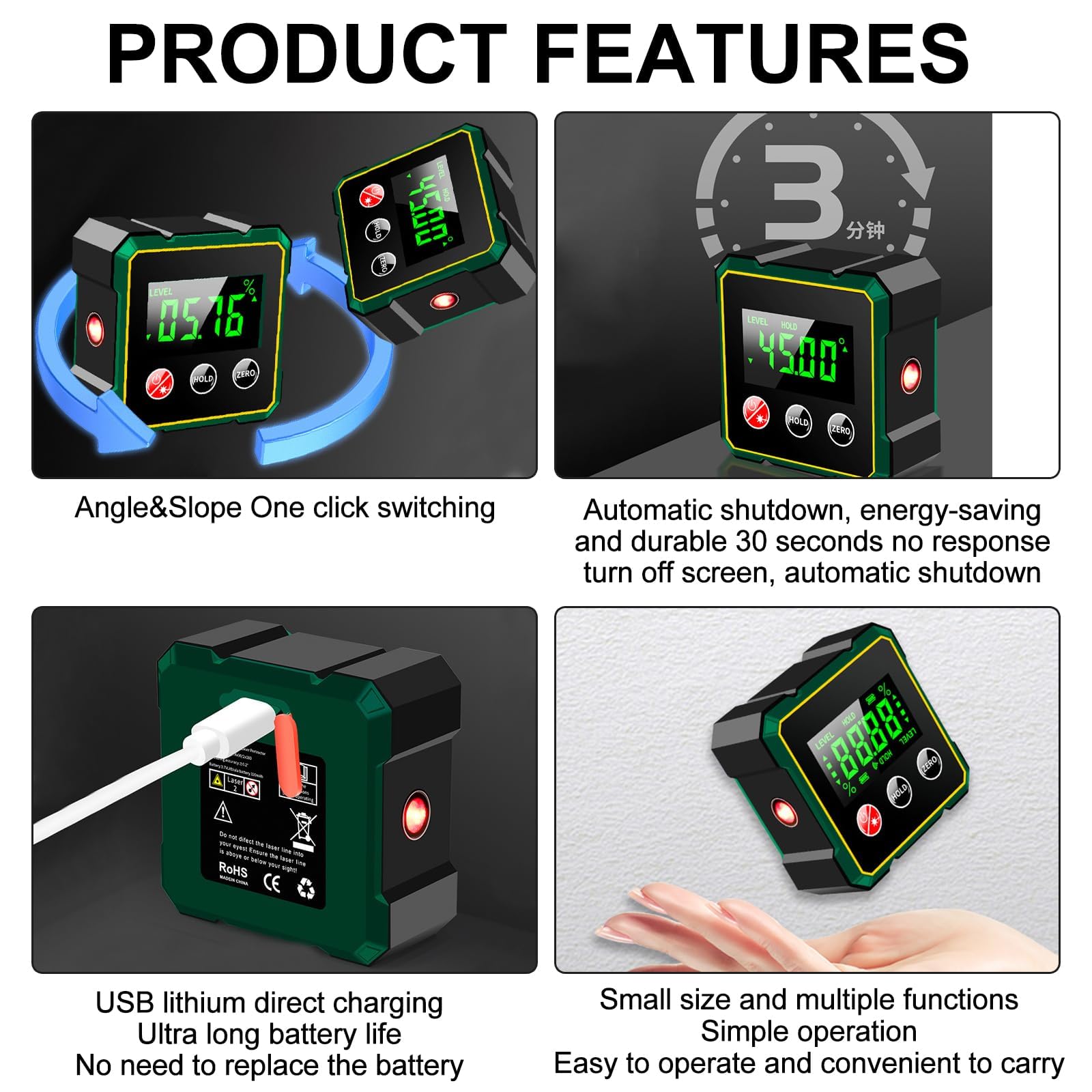 PJHAJH Magnetic Digital Angle Finder with Electronic Laser, USB Charging Digital Level Box - Image 4