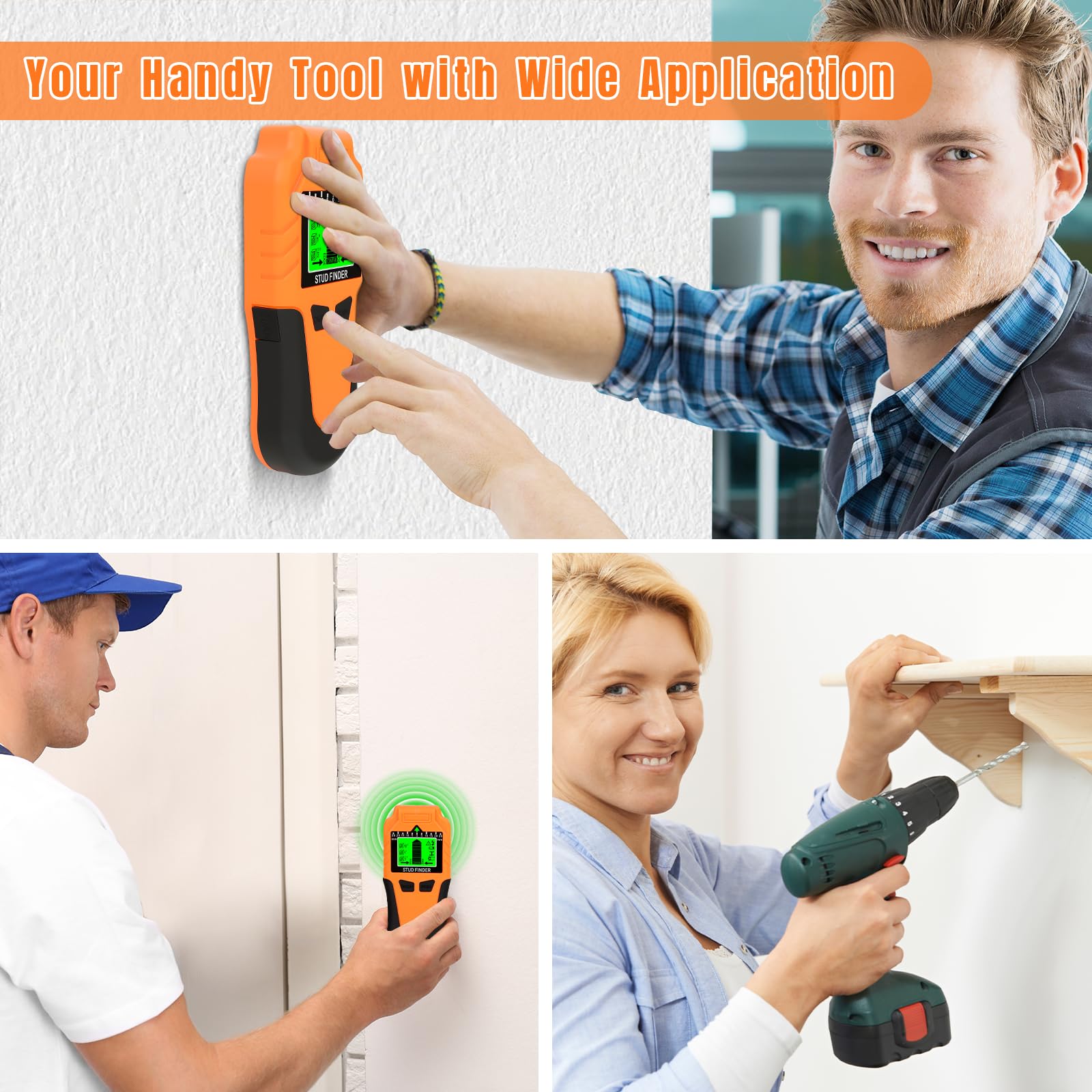 Détecteur de Cable électrique 6-en-1 avec Écran LCD et Alerte Sonore, Scanner Mural Haute Précision pour Métal, Tuyaux et Fils (Orange)