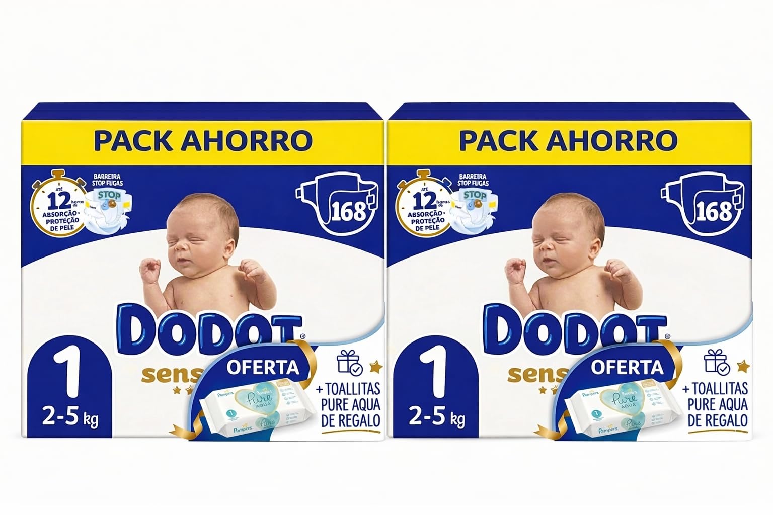 Dodot Pañales Sensitive Talla 1 (2-5 kg), 336 Unidades, con Toallitas Pampers Aqua Pure de Regalo