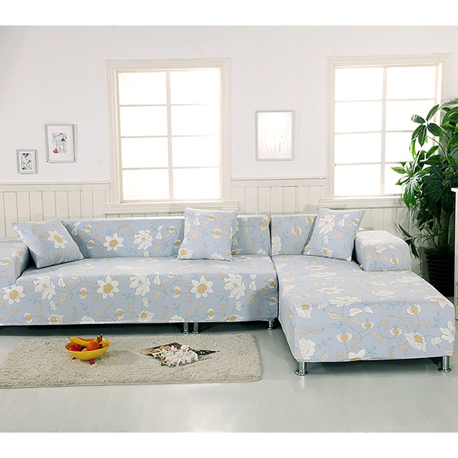 Housse canapé 4 places fleurs grand protecteur extensible revêtement sofa 235-300cm