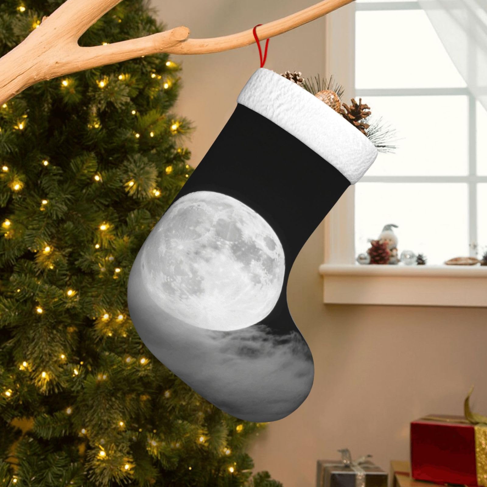 Velvet Christmas Stockings 17.7 Inch, Moon in Cloud Xmas Stocking with Soft Cuff,Classic Personalized Christmas Tree Decoration for Family Holiday New Year Party Supplies