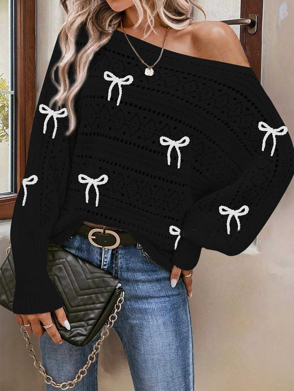 Cakulo Womens Off Shoulder Sweater Top Fall Outfits Fashion 2025 Oversized Knit Batwing Long Sleeve Crochet Pullover Sweaters - Image 2