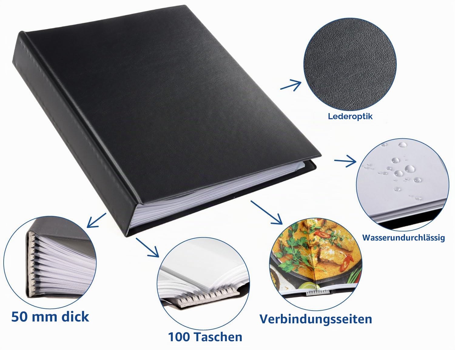 original A4 Präsentationsmappe für Schule & Projekt - Sichtbuch & Präsentationsbuch - 100 Transparente Hüllen - Dokumente Organisieren ohne Lochen- Schwarz, RI99494 | Patentierte Präsentationsmappe mit flach liegendem Mechanismus für Schule, Büro, Musik,