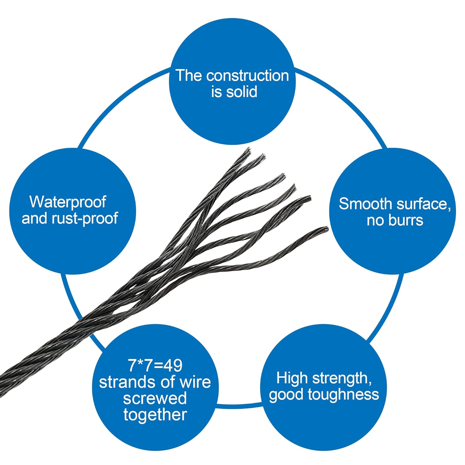 500 Feet 1/8" Black T316 Stainless Steel Cable Wire Rope Aircraft Cable Railing System Deck Cable Railing Hardware 7x7 Strand Indoor Outdoor DIY Balustrade String