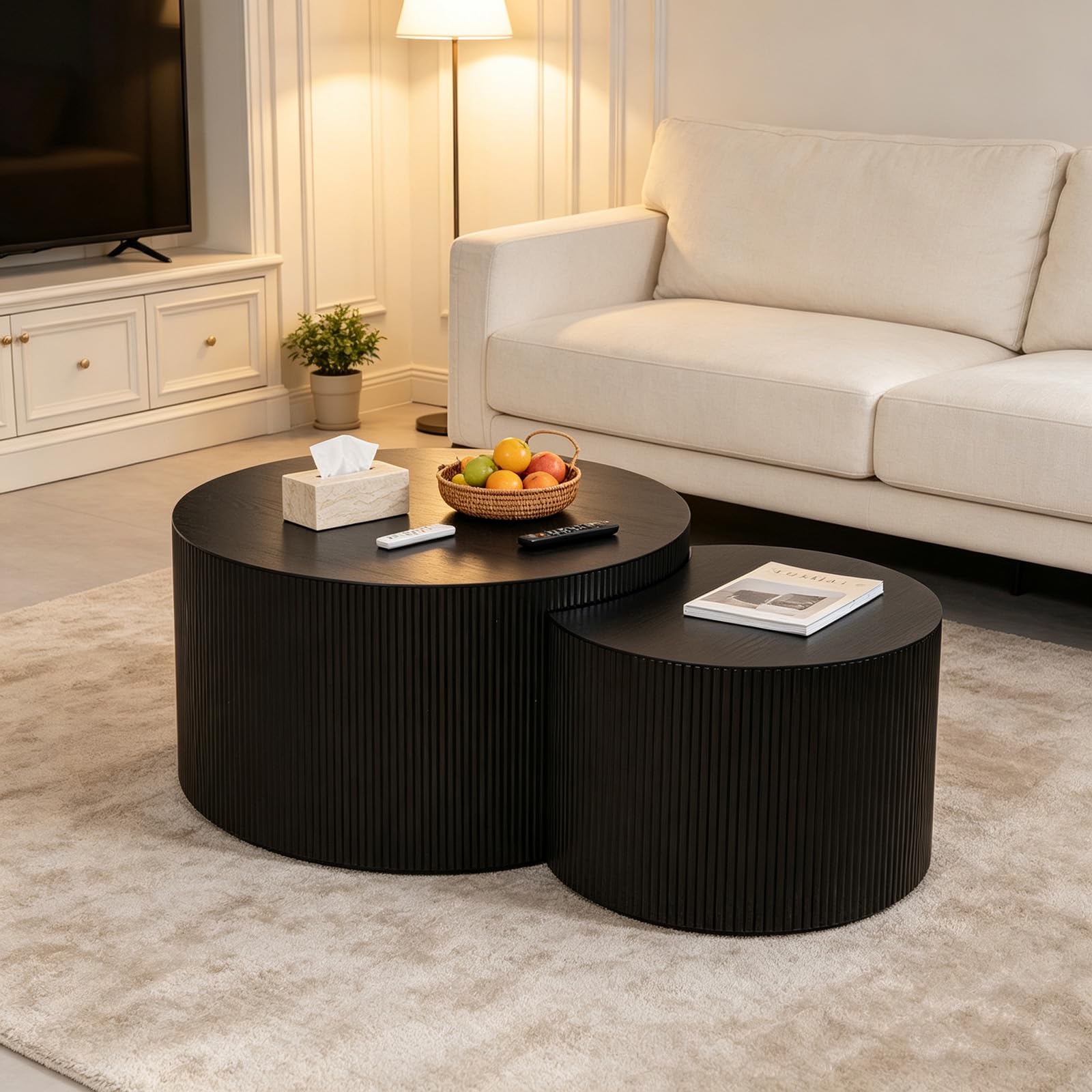 FeiZhiYanS Fluted Round Nesting Coffee Table Set of 2, Fully Assembled