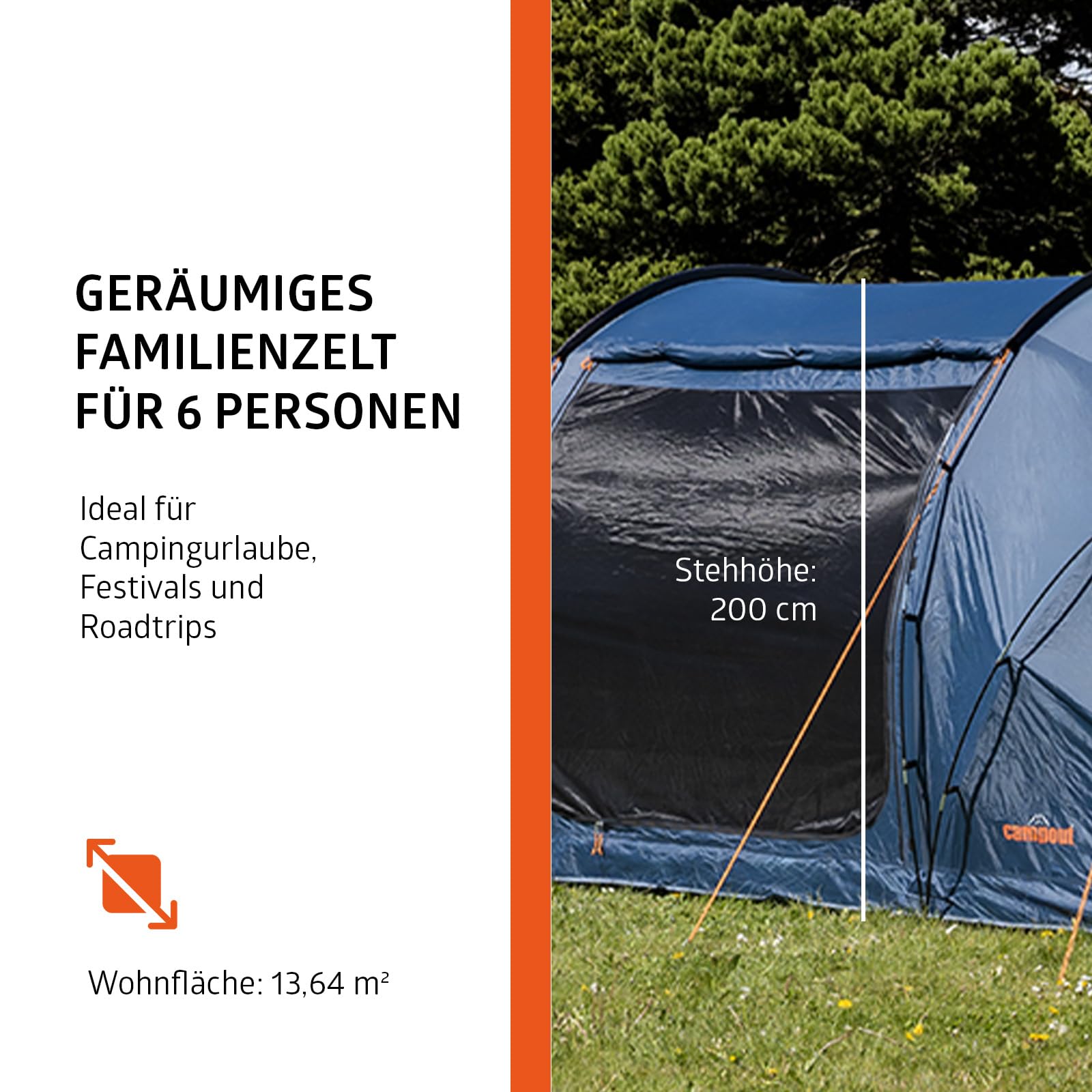 Campout 6-Personen Vis-à-Vis Kuppelzelt – 2 Schlafkabinen – 5000 mm Wassersäule – Wohnbereich – Aufbauzeit 15 Min – inkl. Vordachstangen, Heringen & Tragetasche