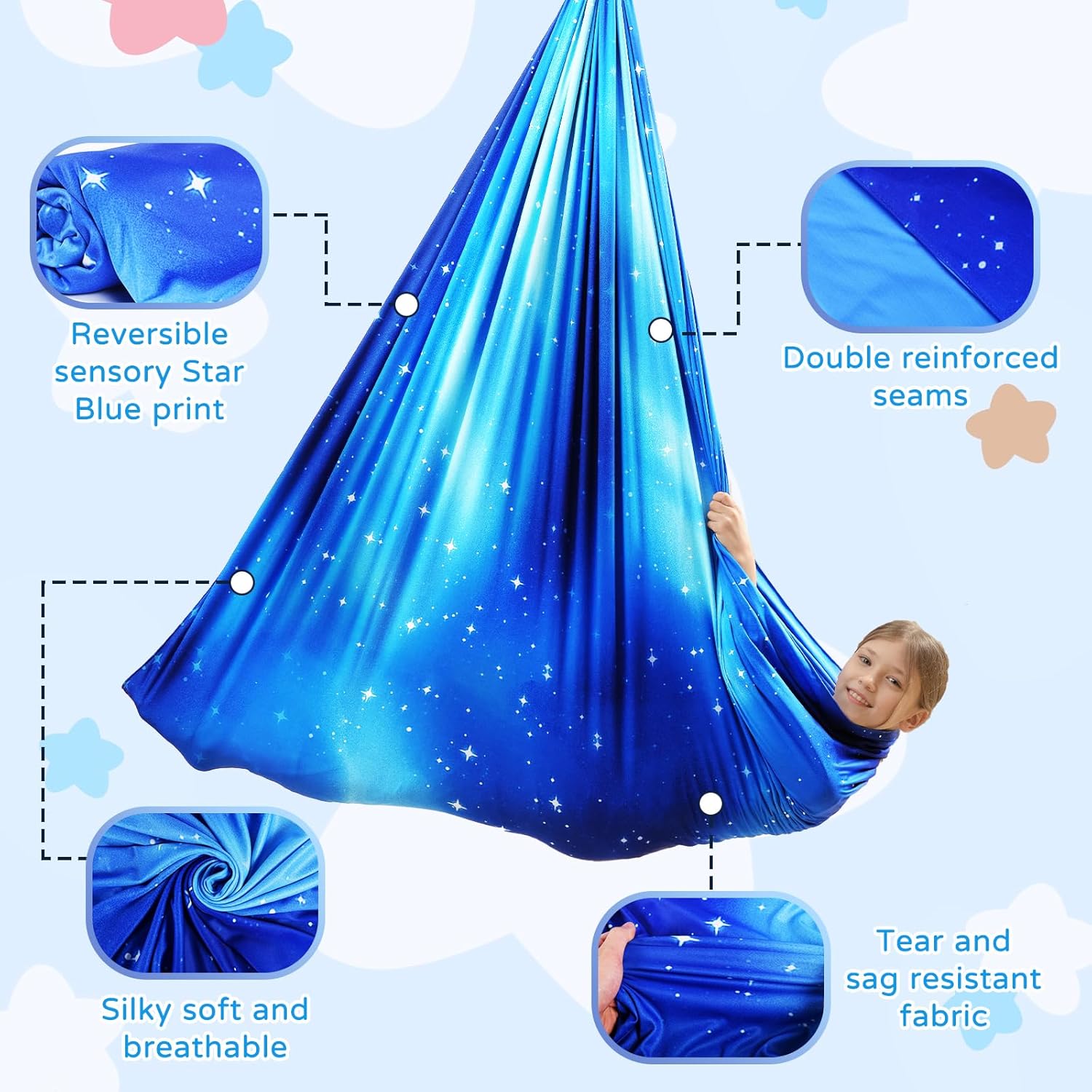 Sensory Swing for Kids Indoor & Outdoor Double Layer Therapy Cuddle Hammock Chair with 360 Swivel Hanger Kit Adjustable Swing for Child and Adult with Aspergers Autism ADHD (Star Blue) 5 71NlH 4d9ZL. AC SL1500