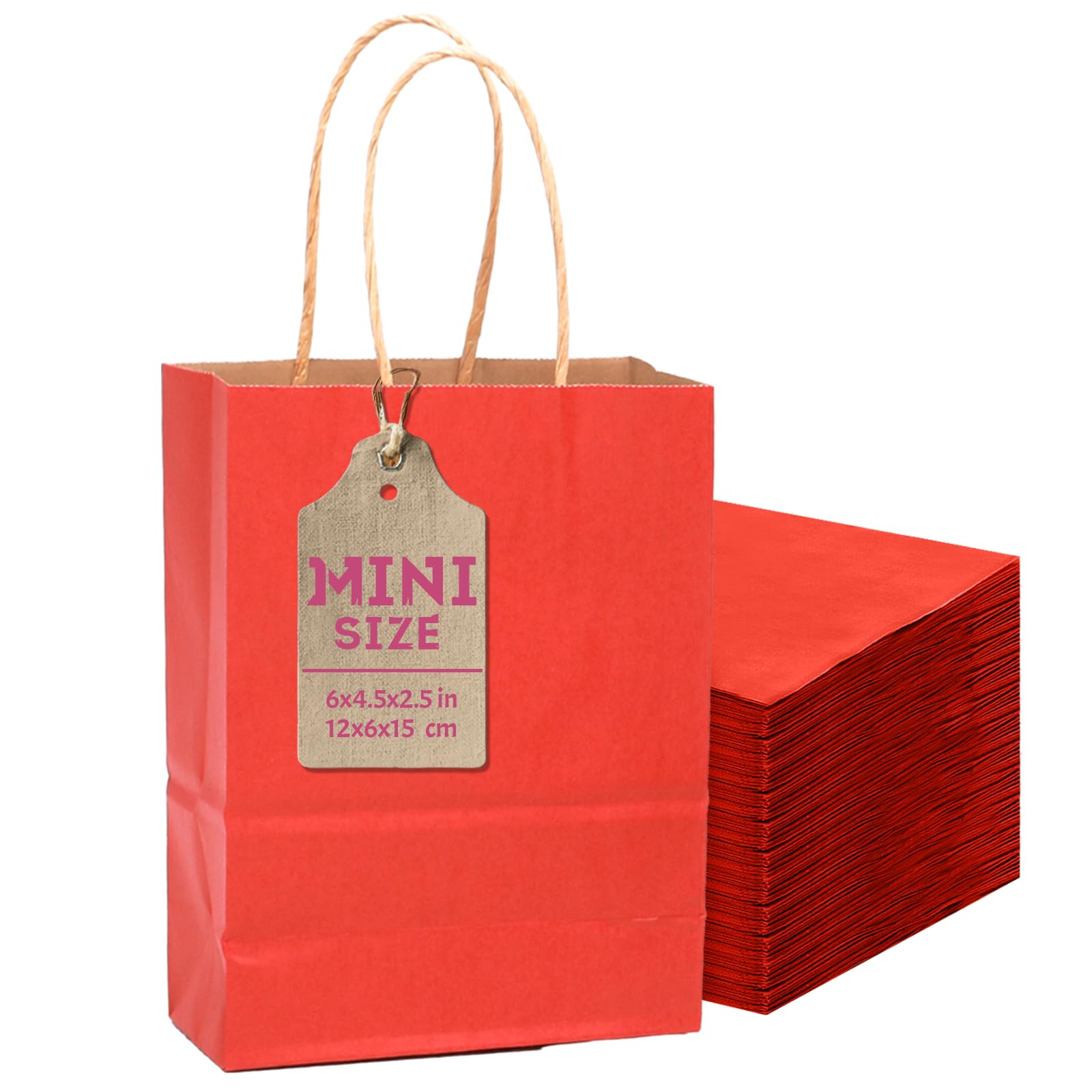 qiqee 24 Pcs Red Mini Paper Gift Bags with Handles 6"x4.5"x2.5" Small Brown Kraft Party Favor Bags Treat Bags Multiple Uses (Mini size)