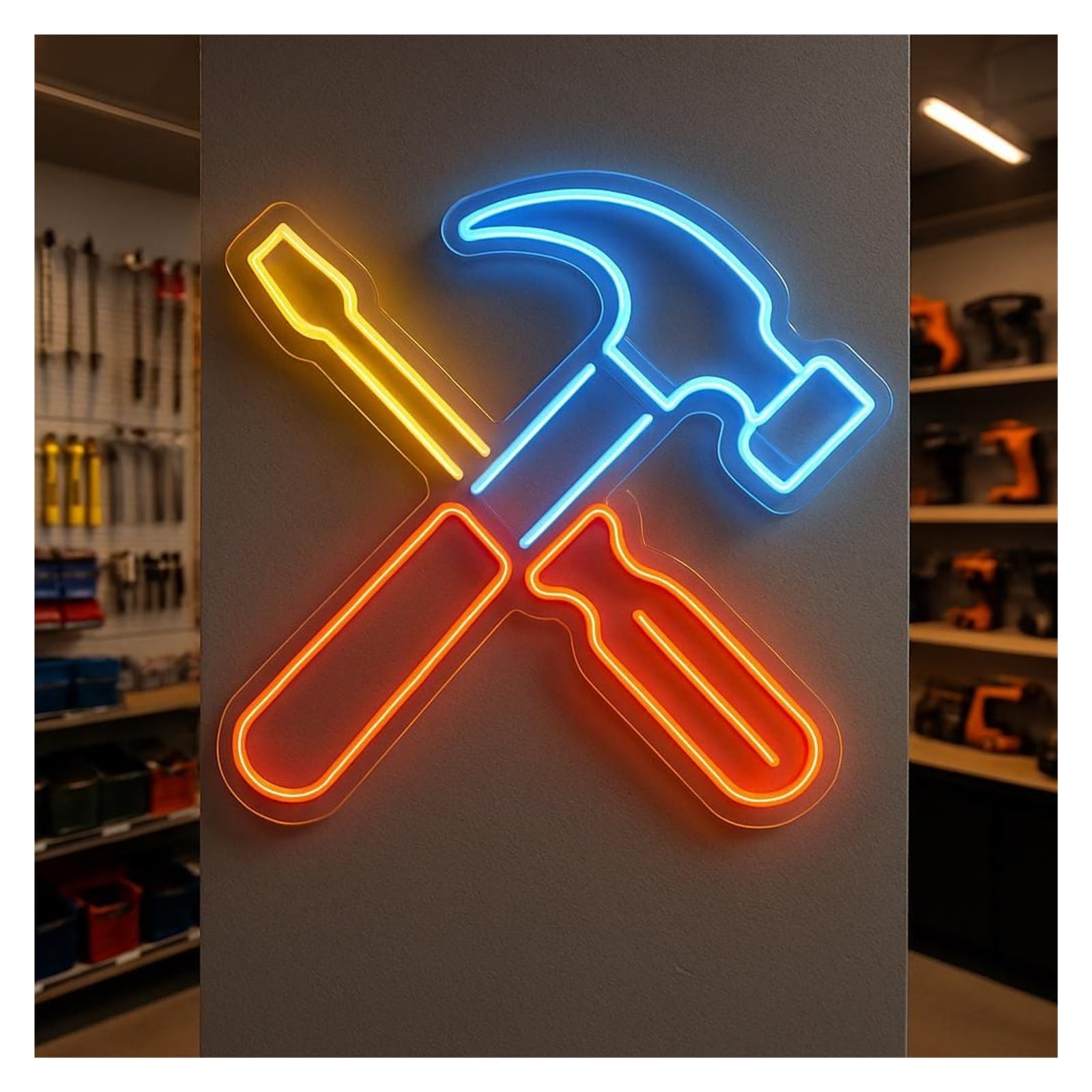 RONGCH Hanging Art Signs Neon Auto Repair Shop Decor Hammer and Screwdriver for Gameroom Bedroom Party Livingroom Wall 48cm(D)