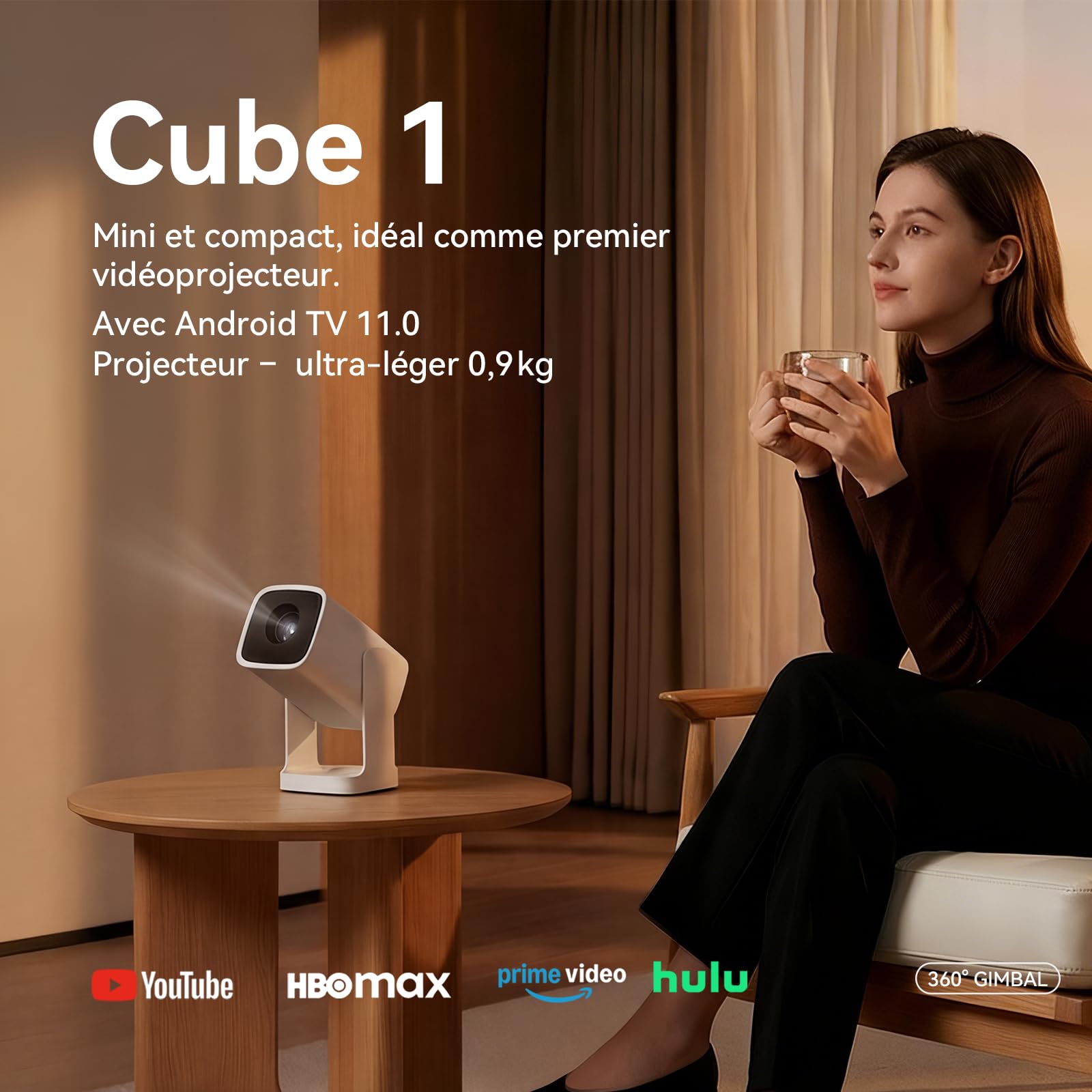 Wanbo Cube 1 Mini Vidéoprojecteur Compatible avec Android TV & Netflix intégré, 200 ISO Lumens, Projecteur Home Cinéma Portable, WiFi Bluetooth, Projecteur Vidéo Rotatif 360°, Ultra léger 0,9 kg