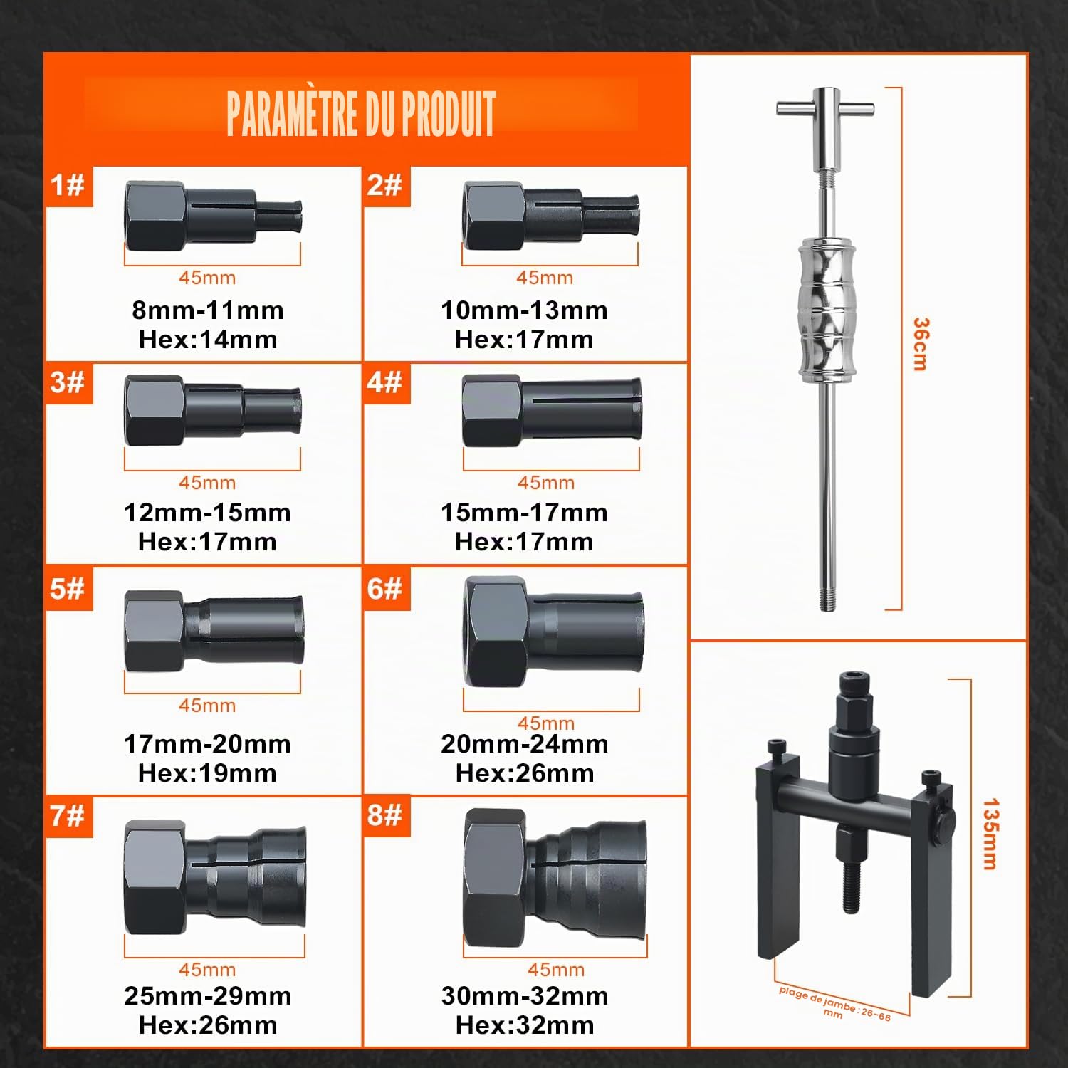 Lot de 12 extracteurs de roulements intérieurs 8-32 mm avec extracteur à 2 mâchoires pour Trous borgnes et Marteau Coulissant, pour vélo et Moto