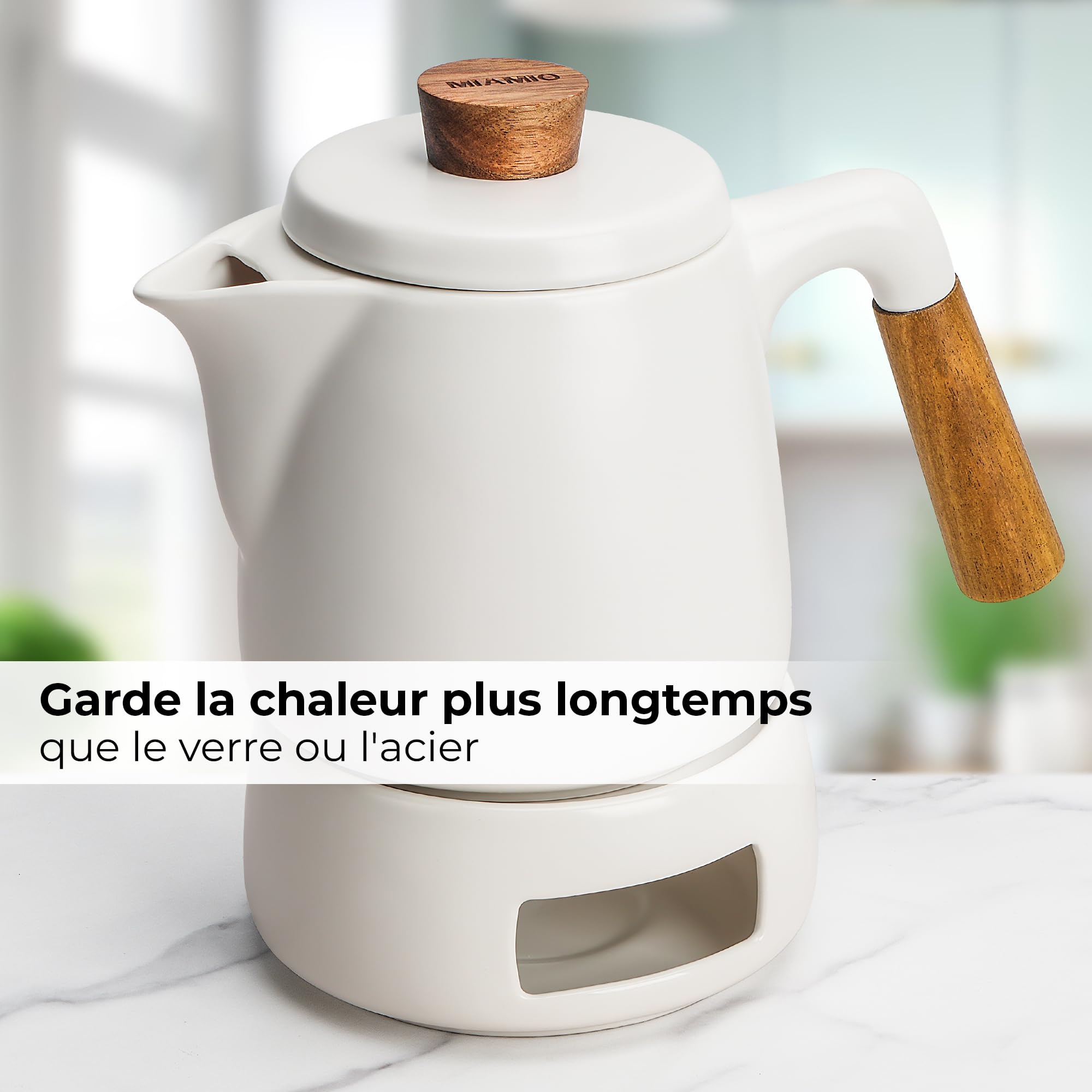 MIAMIO - Ensemble Théière avec Réchauffage / 1L / 1000 ml Bouilloire avec Infuseur pour l'infusion des feuilles de thé en vrac - Cadeau pour les femmes/amateurs de thé (Blanc)