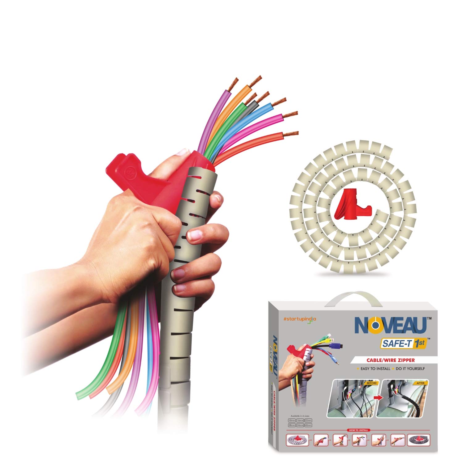 NOVEAU Safe-T 1st Diameter-40mm Length-1.5 Meter,Ivory | Flexible Cable Organiser with Slider Tool | Cable Hider | Concealer, Cable Cover for Wire Management | Wire Organizer for PC/Home/Office Desk