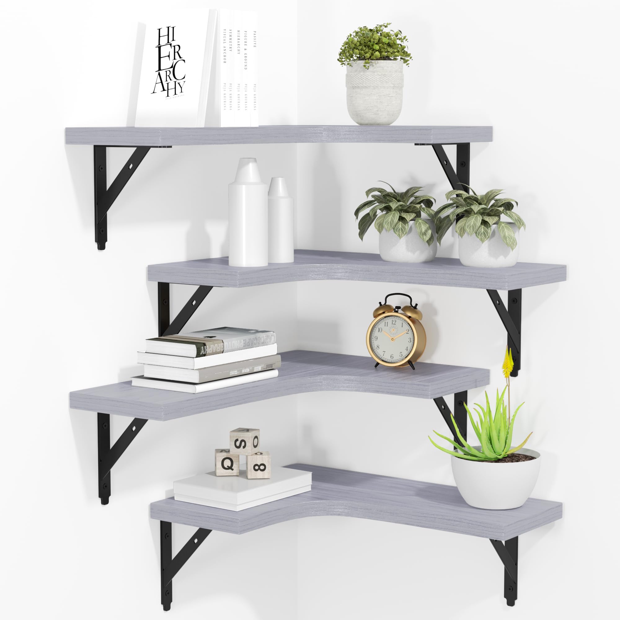 ROMGUAR CRAFT Corner Floating Shelves Wall Mounted Set of 4, Rustic Wood Storage Display Shelves for Home Decor, Bathroom, Kitchen, Bedroom, Living Room, Office (Light Grey) — image 1