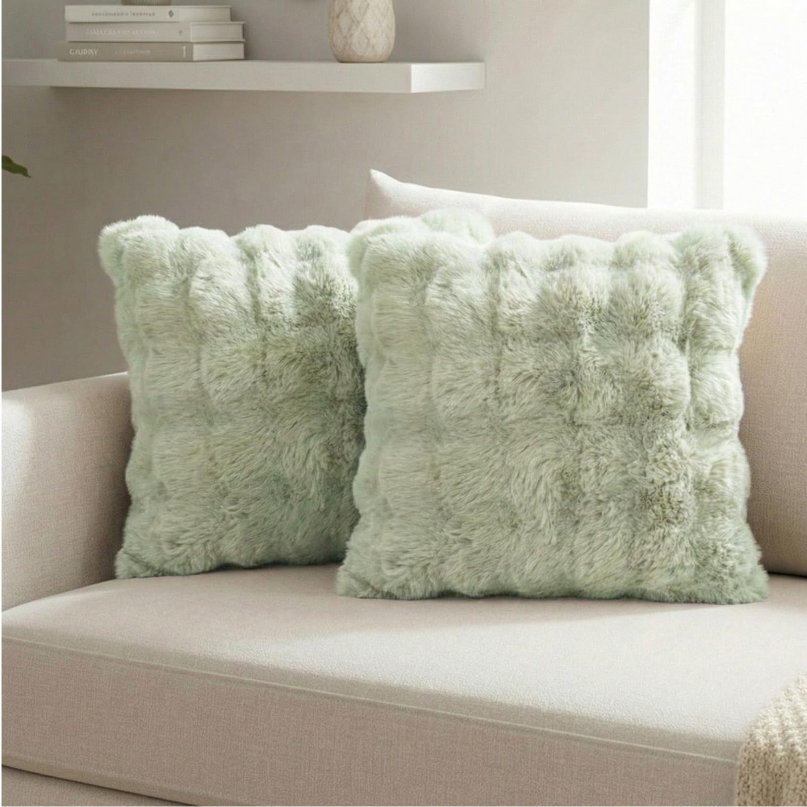 Xqzbmt 2 Pack Faux Fur Cushion Covers 45x45cm, Sage Green Fluffy Thick Plush Decorative Throw Pillow Cases with Hidden Zipper for Sofa Bedroom Living Room — image 1