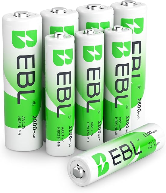 EBL AA AAA Rechargeable Batteries Set - 4 × AA 2800mAh Battery Bundle with 4 × AAA 1100mAh Rechargeable Battery, Low Self Discharge Ni-MH AA AAA Batteries Combo(Battery Cases Included)