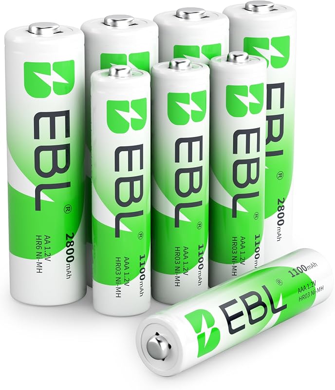 Combo de baterías recargables EBL AA AAA, 4 AA 2800 mAh con 4 AAA 1100 mAh | Baterías NiMH, sin mercurio, 1200 ciclos, voltaje estable de 1,2 V, ideal para controles remotos, juguetes, linternas, cámaras